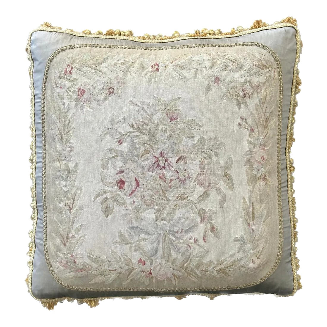 2000s Gray Silver Beige Floral Silk Aubusson Pillow: This pillow, adorned with elegant pink flowers on a backdrop of gray, silver, and beige hues, adds a touch of timeless beauty to your space. The opulent gold tassels that surround the border elevate