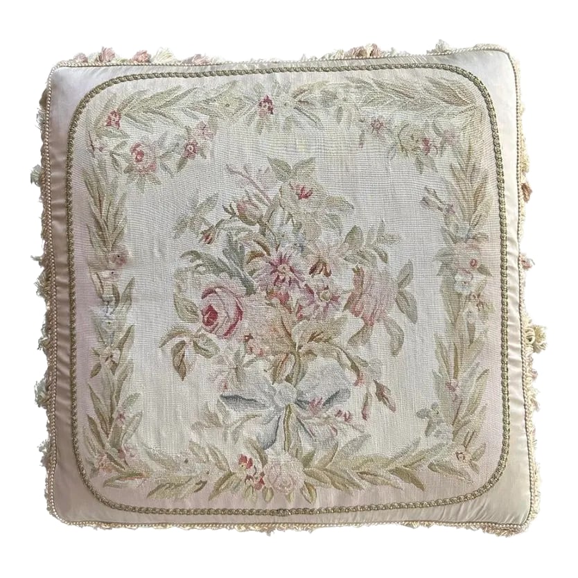 2000s Beige and Cream Pink Floral Aubusson Style Silk Pillow: This exquisite pillow showcases a harmonious blend of beige and cream, adorned with delicate light pink floral designs. The addition of pastel tassels adds a touch of sophistication to this charming