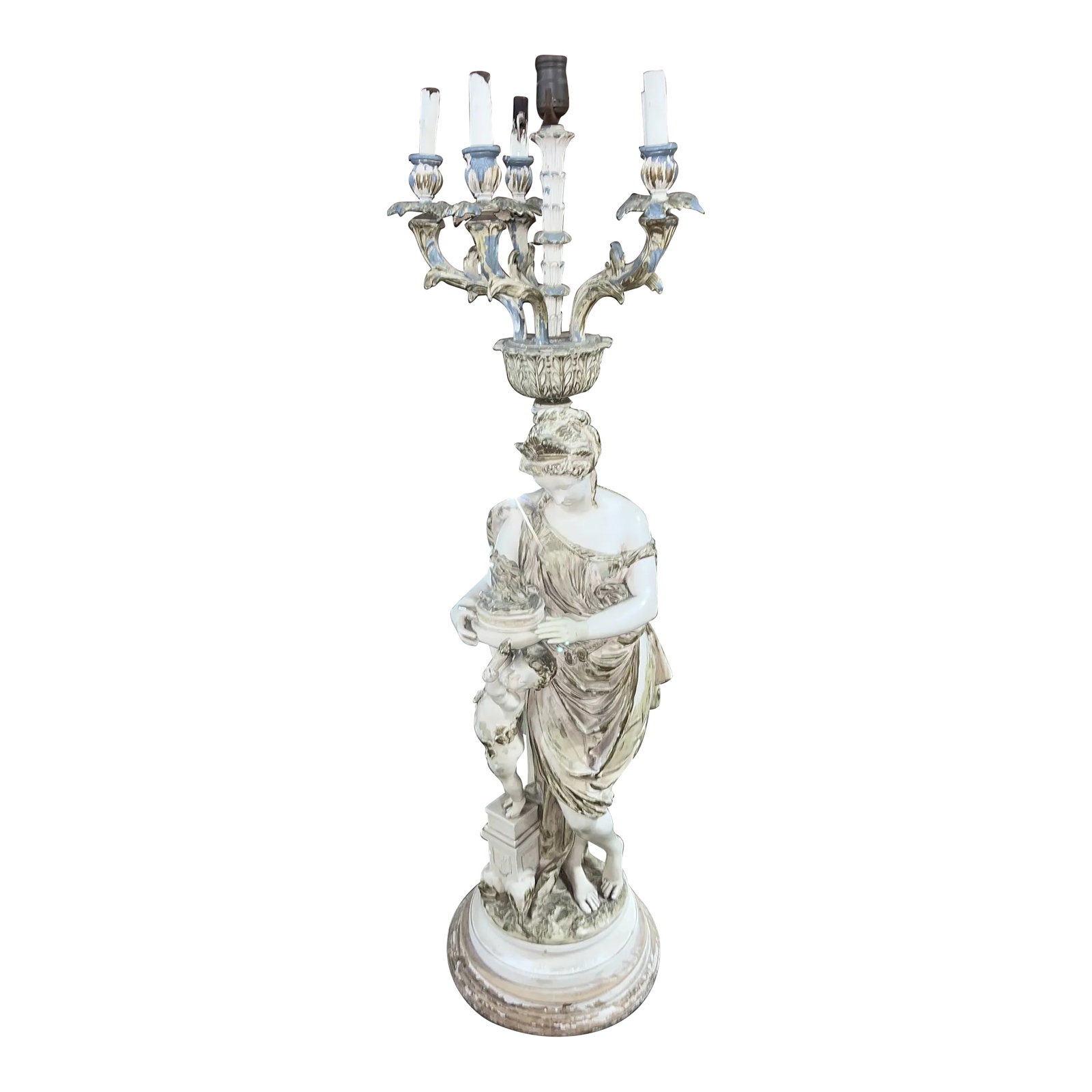 Large Vintage Italian Figural Floor Lamp Torchiere: A beautifully aged Italian style Figural torchiere lamp stands just under four feet tall. 6 lights will add dramatic lighting to any room of your home. Very heavy composition. Multiple chips and crack