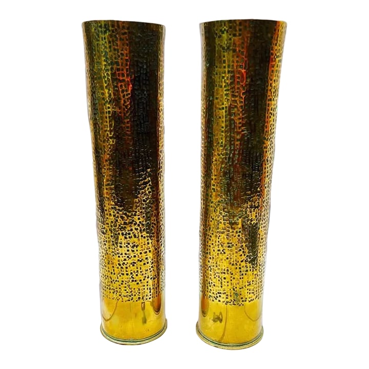 Pair of Early 20th Century Trench Artillery Shell Art Vases: Very Distinctive Design on this pair of WWI Trench Art artillery shells. Not certain what the artist was going for, but Art Deco/Brutalist certainly comes to mind. Have not been able to find similar
