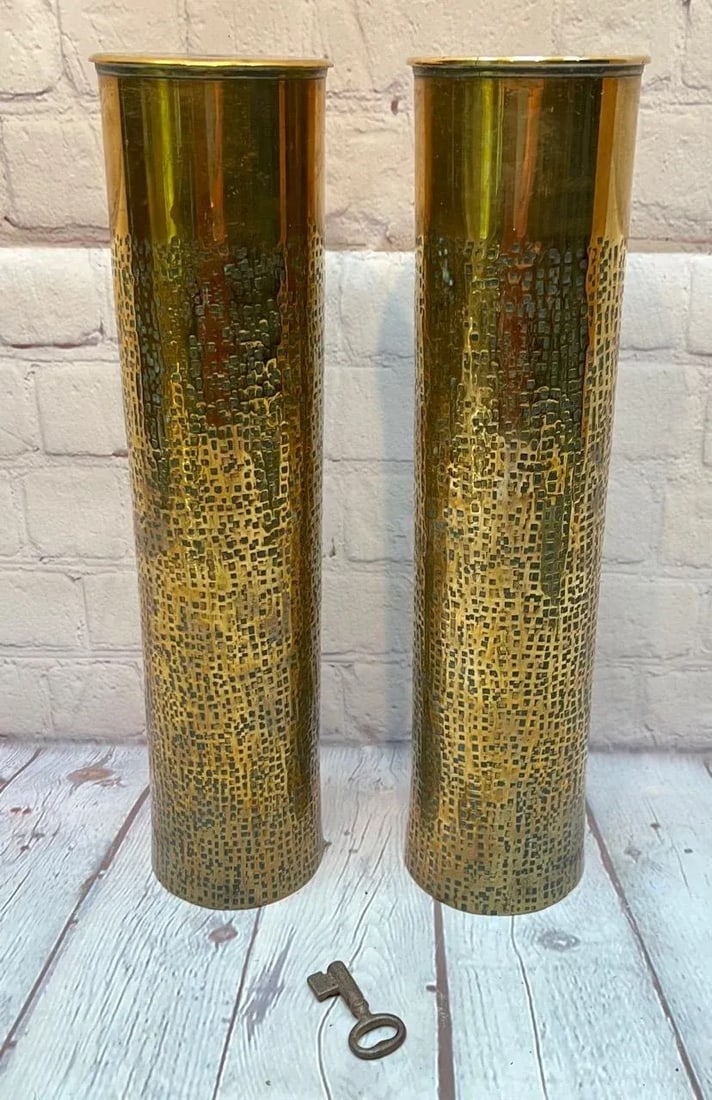 Pair of Early 20th Century Trench Artillery Shell Art Vases - 6