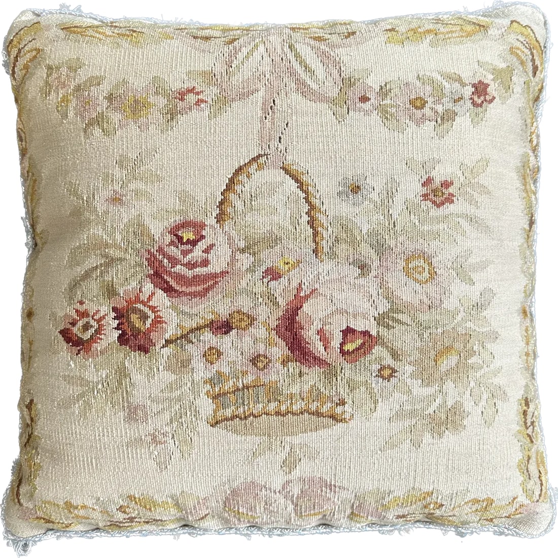 2000s Hand-Woven Wool Aubusson Weave Pillow With a Pink Flower Basket Design - 2
