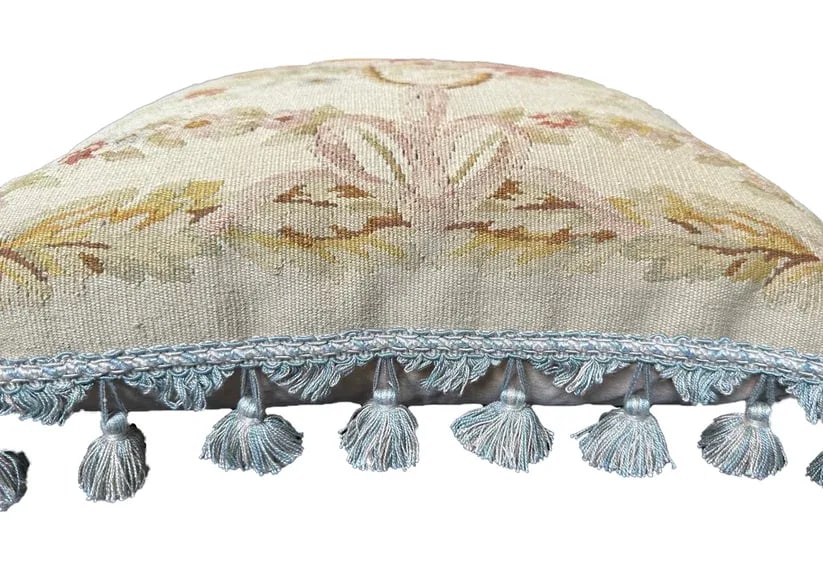 2000s Hand-Woven Wool Aubusson Weave Pillow With a Pink Flower Basket Design - 4