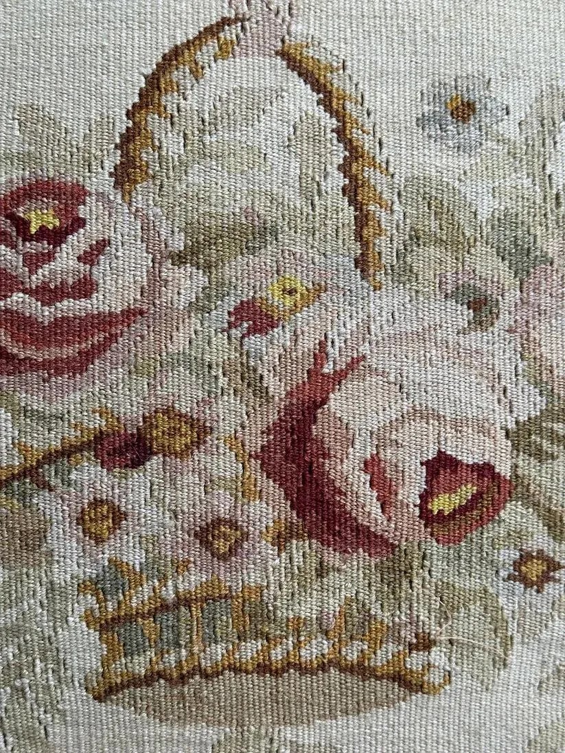 2000s Hand-Woven Wool Aubusson Weave Pillow With a Pink Flower Basket Design - 5