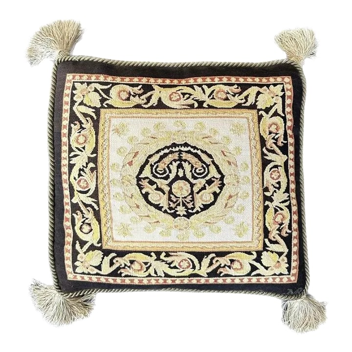 Black Gold Yellow and Cream Aubusson Pillow With Tassels: Introducing our Aubusson-Style Throw Pillow, a captivating addition to your decor. With its striking blend of black, red, and gold, it exudes timeless elegance. The intricate design is complemented by