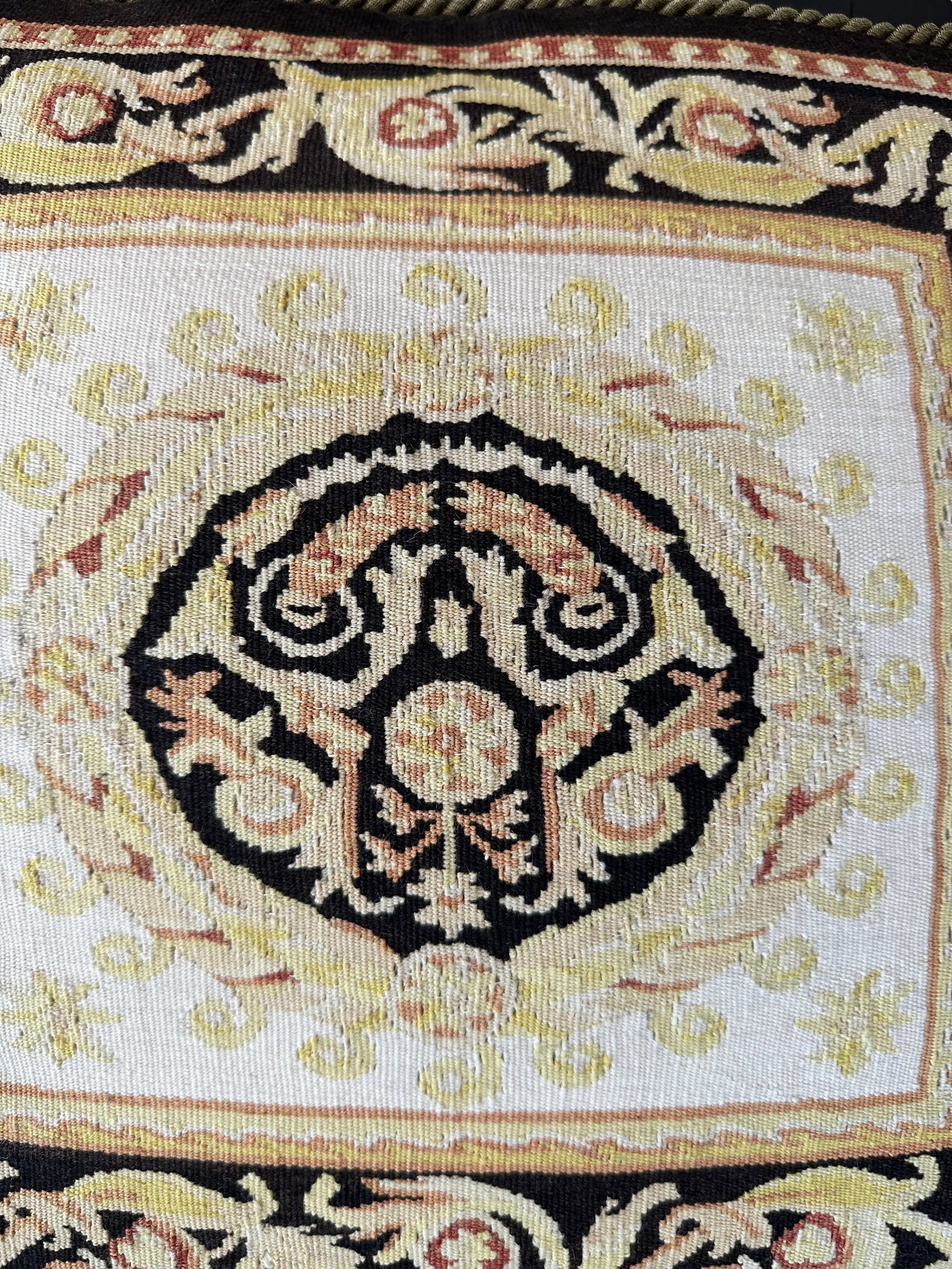 Black Gold Yellow and Cream Aubusson Pillow With Tassels - 2