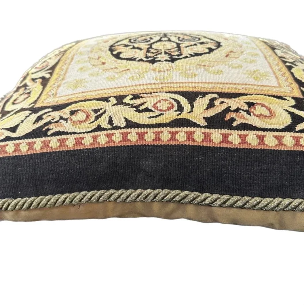 Black Gold Yellow and Cream Aubusson Pillow With Tassels - 3