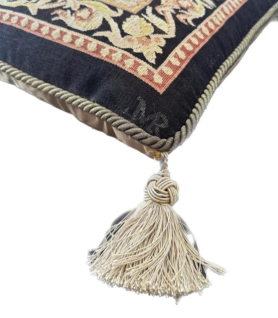 Black Gold Yellow and Cream Aubusson Pillow With Tassels - 4