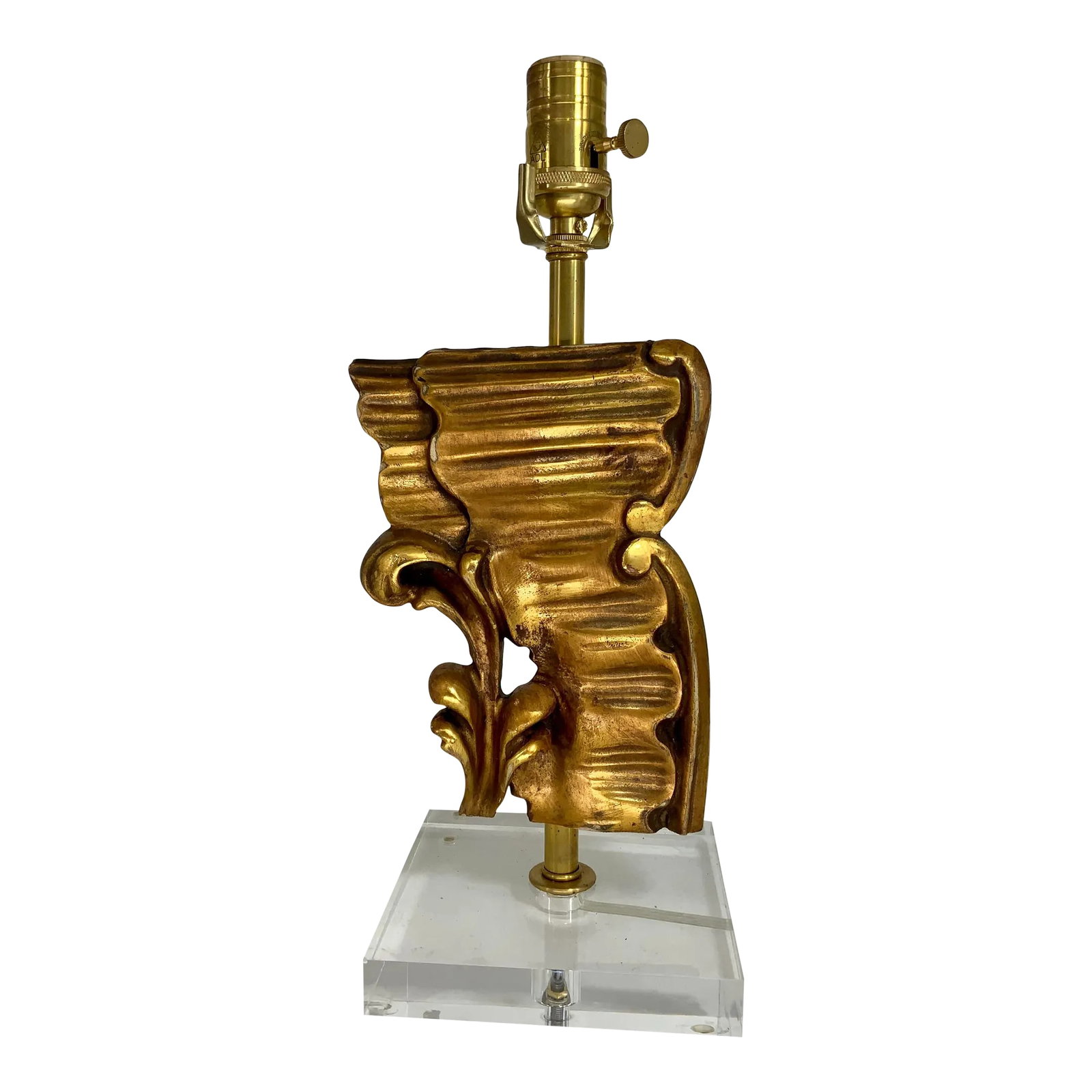 Antique European Carving Fragment Lamp: Beautiful carved and gilt fragment professionally mounted as table lamp on clear lucite base. Condition: Alterations: Original Condition Unaltered Imperfections: Some Imperfections Condition Notes: