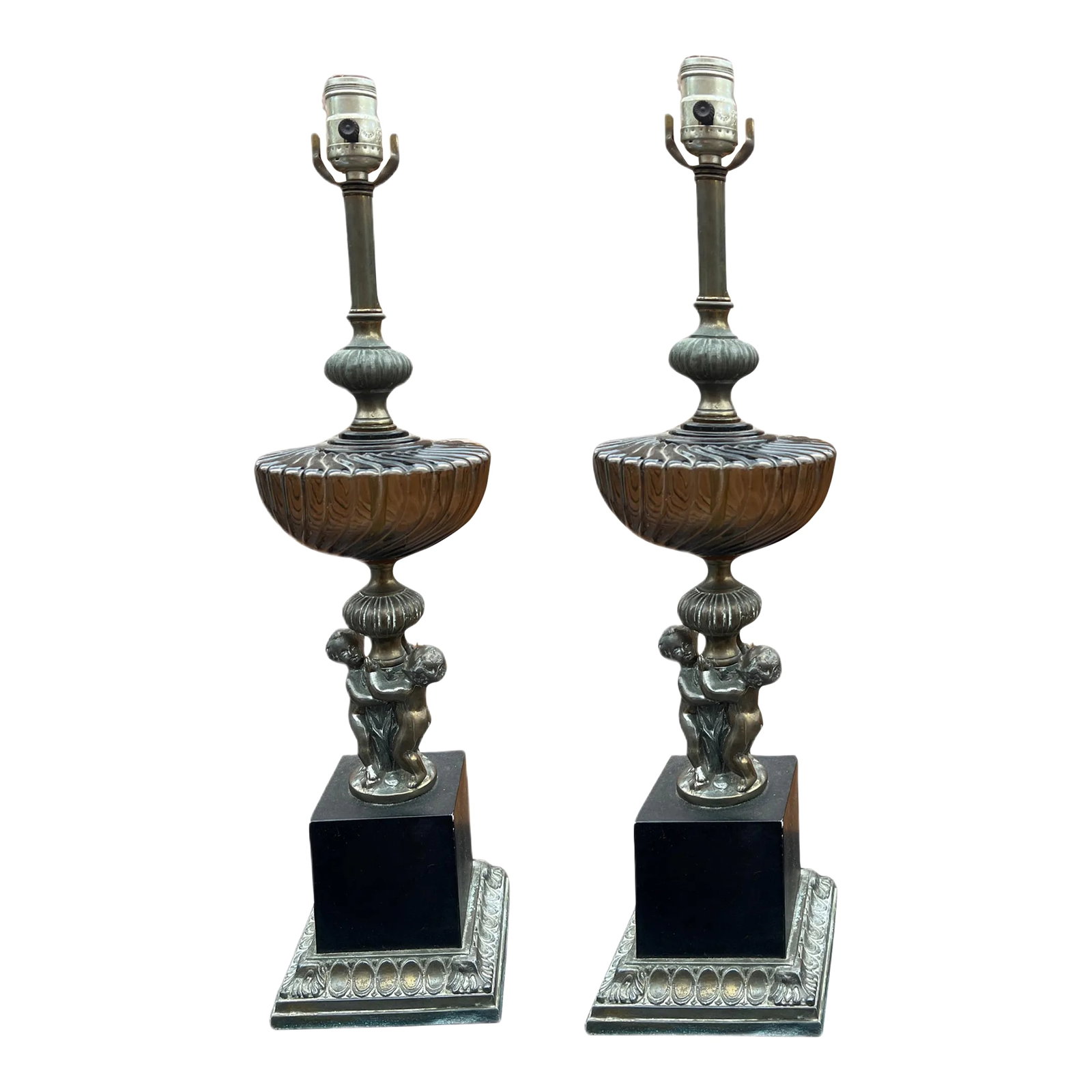 Vintage Art Nouveau Black Smoked Glass Table Lamps, Set of 2: This set of lamps is one of my personal favorites! Lovers of the Hollywood Regency era are guaranteed to love this set! Featuring beautiful smoky glass spiraled globes, this set of lamps is scarce &
