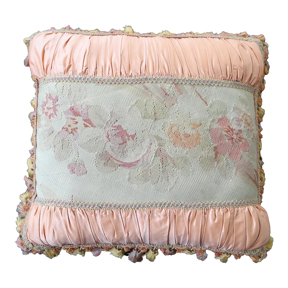 Pink and Cream French Aubusson Pillow: This pillow has lovely pink and cream colors, along with the intricate floral pattern at the center, make it a charming addition to your home decor. Adorned with alternating gold and pink tassels