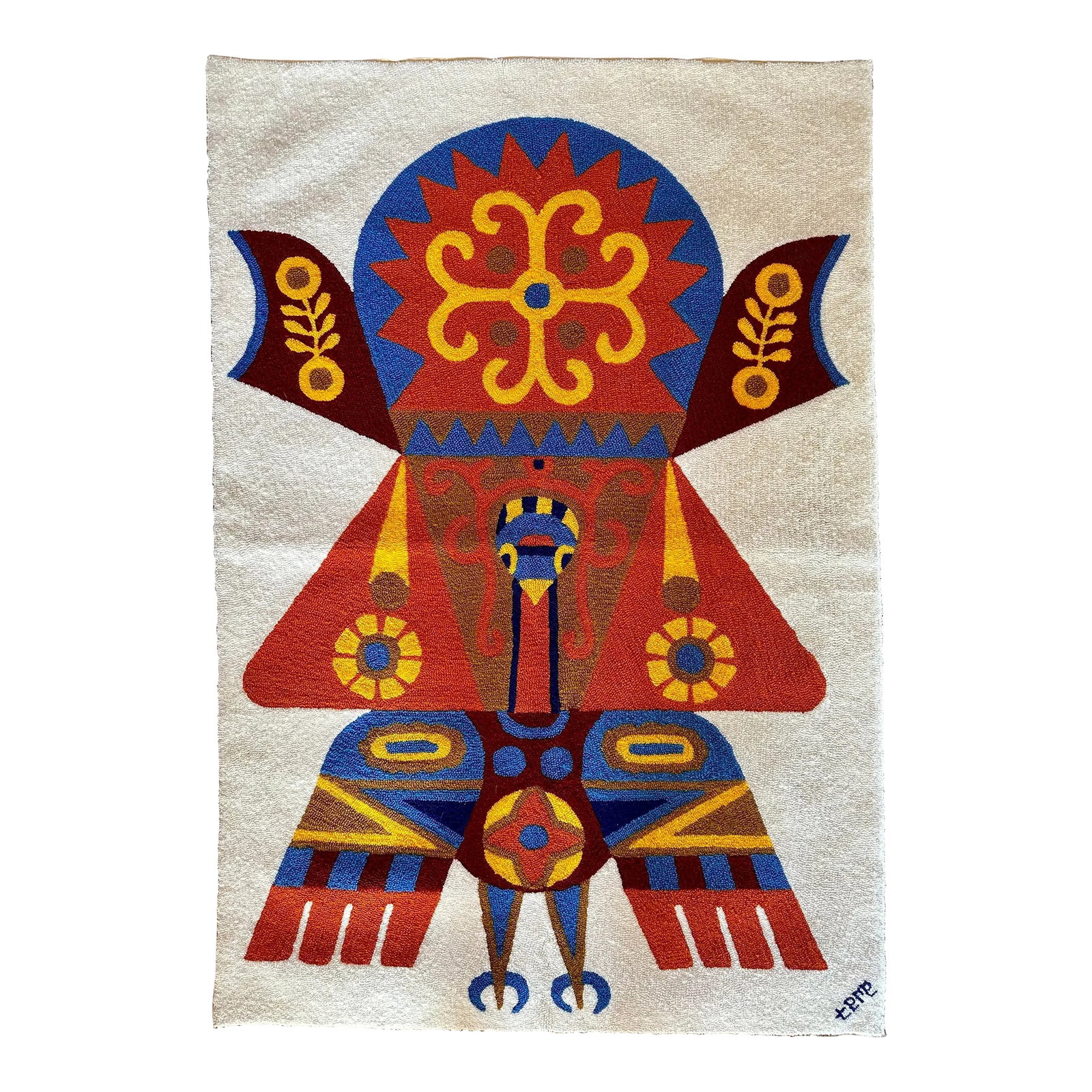 Large Mid 20th Century Handmade Tapestry Rug by Teresa Gonzalez: A stunning vibrantly coloured vintage wool rug tapestry (hooked wool) by Venezuelan artist Tere. Tere, short for Teresa (Gonzalez) was a Guajiro (Wayuu) indian, who had a celebrated workshop located i