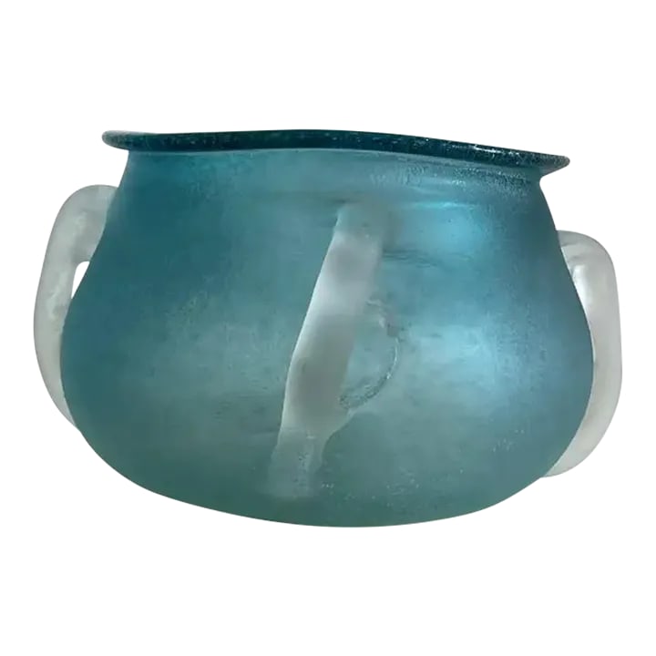 Hand Blown Art Glass Bowl by Andriy Petrovskyi, Late 20th Century: A handblown art glass bowl by Ukrainian artist Andriy Petrovskyi, signed, late 20th century. Tones of swimming pool blue and frost. Warbling edge and featuring three handles. Wonderful vintage