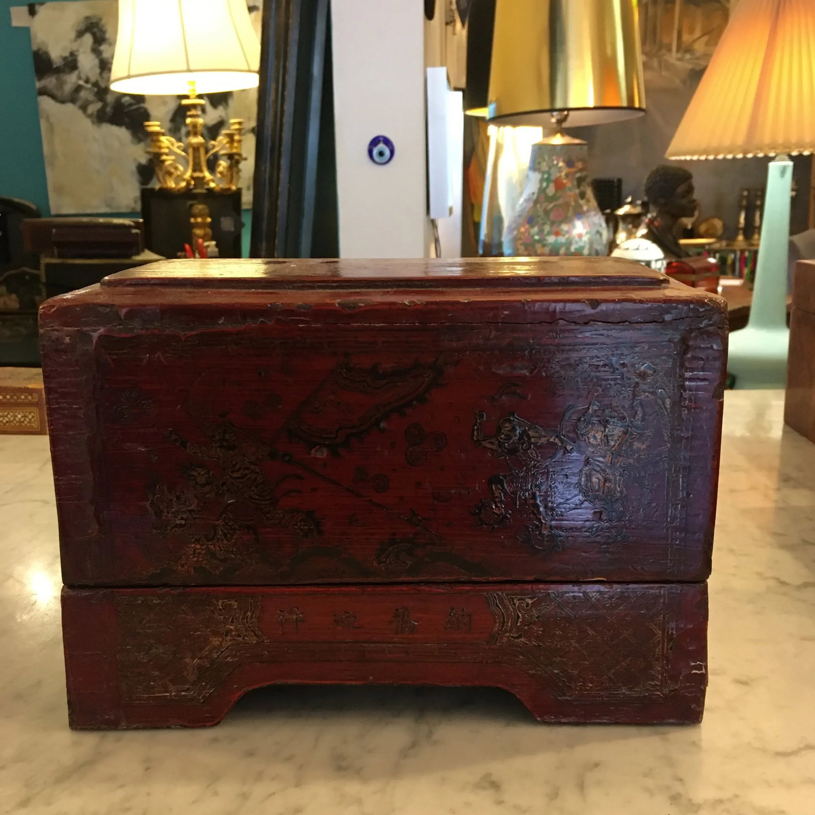 Red Lacquer Asian Box With Tall Removable Top - 2