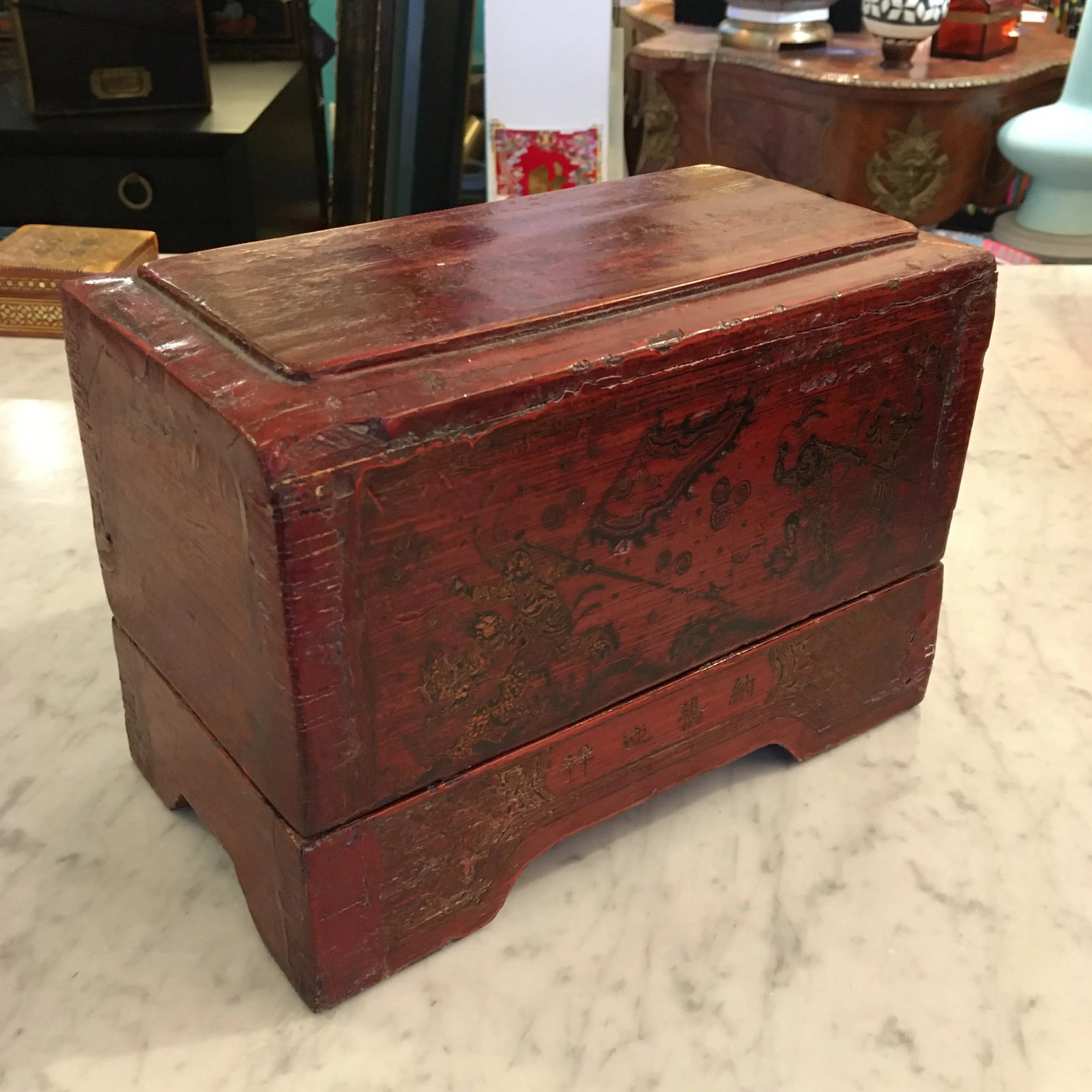 Red Lacquer Asian Box With Tall Removable Top - 5