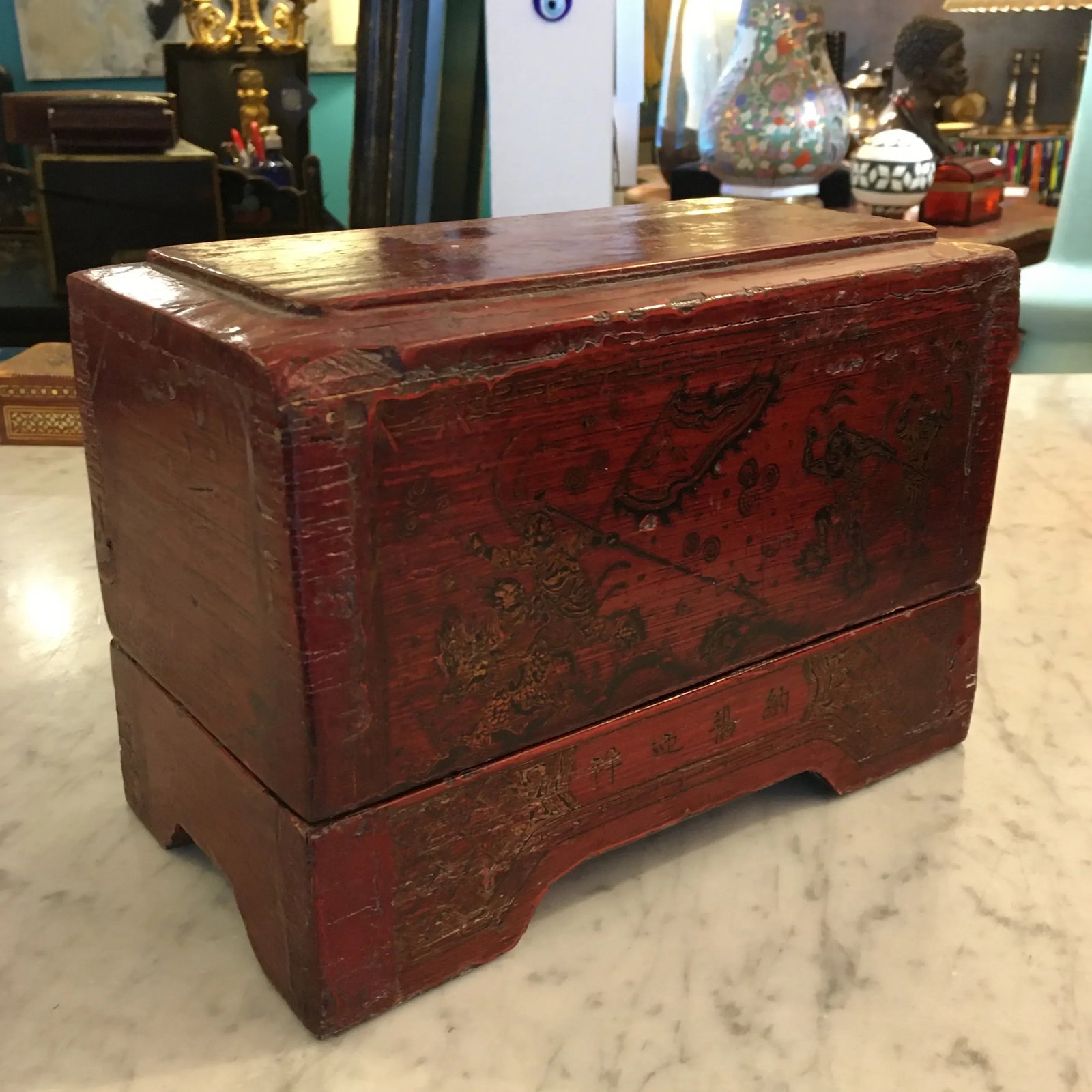 Red Lacquer Asian Box With Tall Removable Top - 6