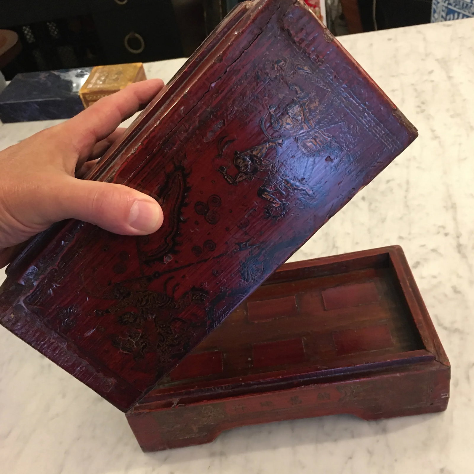 Red Lacquer Asian Box With Tall Removable Top - 9