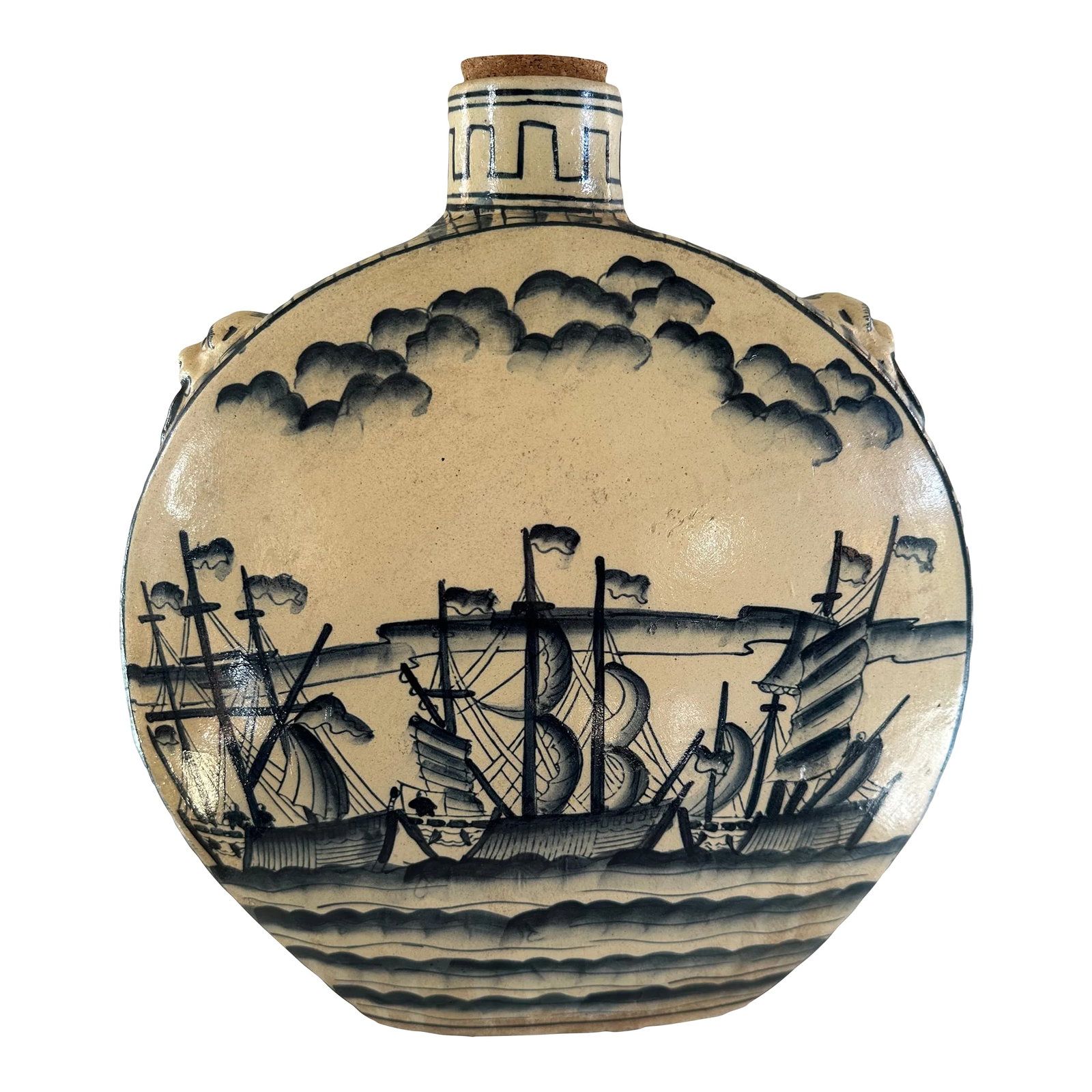 Vintage Chinoserie Ceramic Round Flask Style Jug: Unique chinoiserie style ceramic vessel with nautical scene and Foo Dogs flanking either side. Condition: Alterations: Original Condition Unaltered Imperfections: Some Imperfections Condition Notes: I