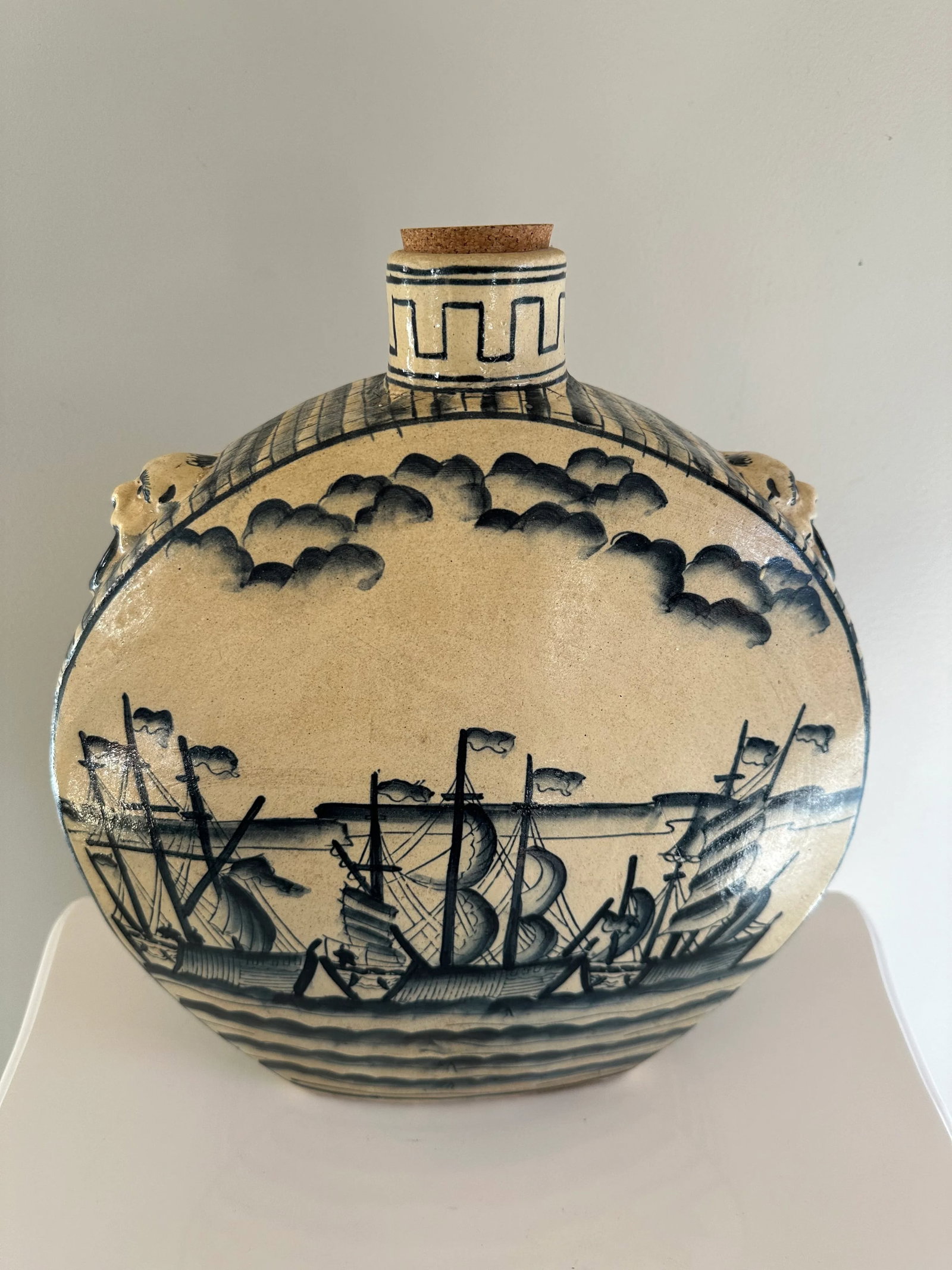 Vintage Chinoserie Ceramic Round Flask Style Jug - 2