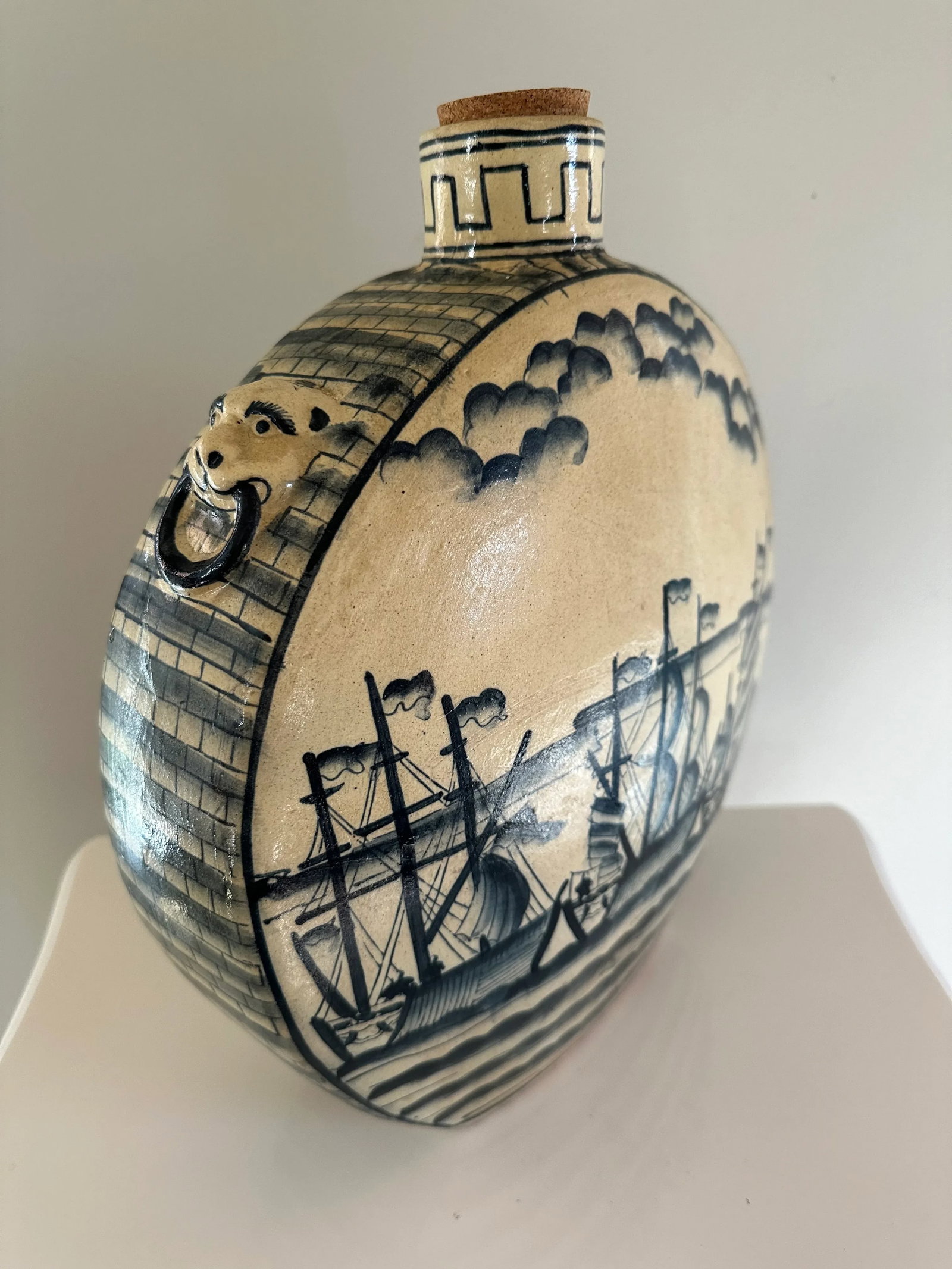 Vintage Chinoserie Ceramic Round Flask Style Jug - 3