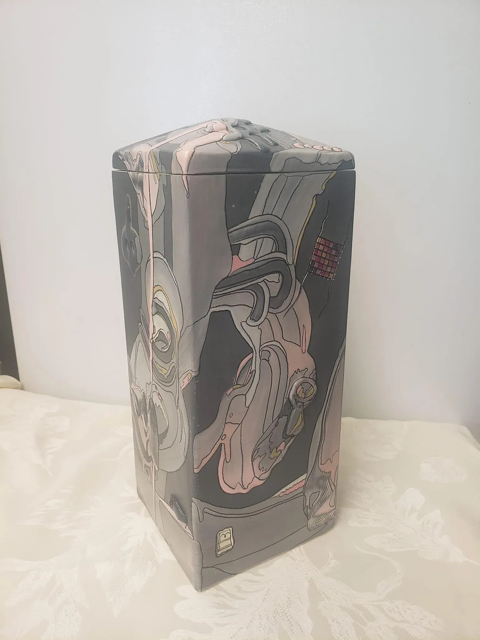 Joe Monk Studio Pottery Lidded Sgraffito Slab Vase Container 1988 - 11