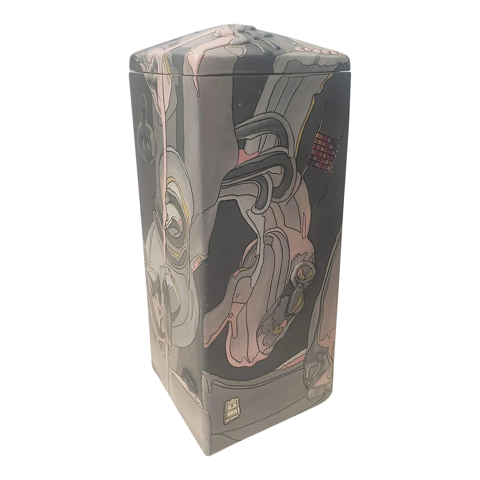Joe Monk Studio Pottery Lidded Sgraffito Slab Vase Container 1988: An early piece by master ceramicist Joe Monk. The artist is currently part of a small collective producing wares out of Oxide Pottery studios in Lynchburg, Virginia; I believe this was produced while