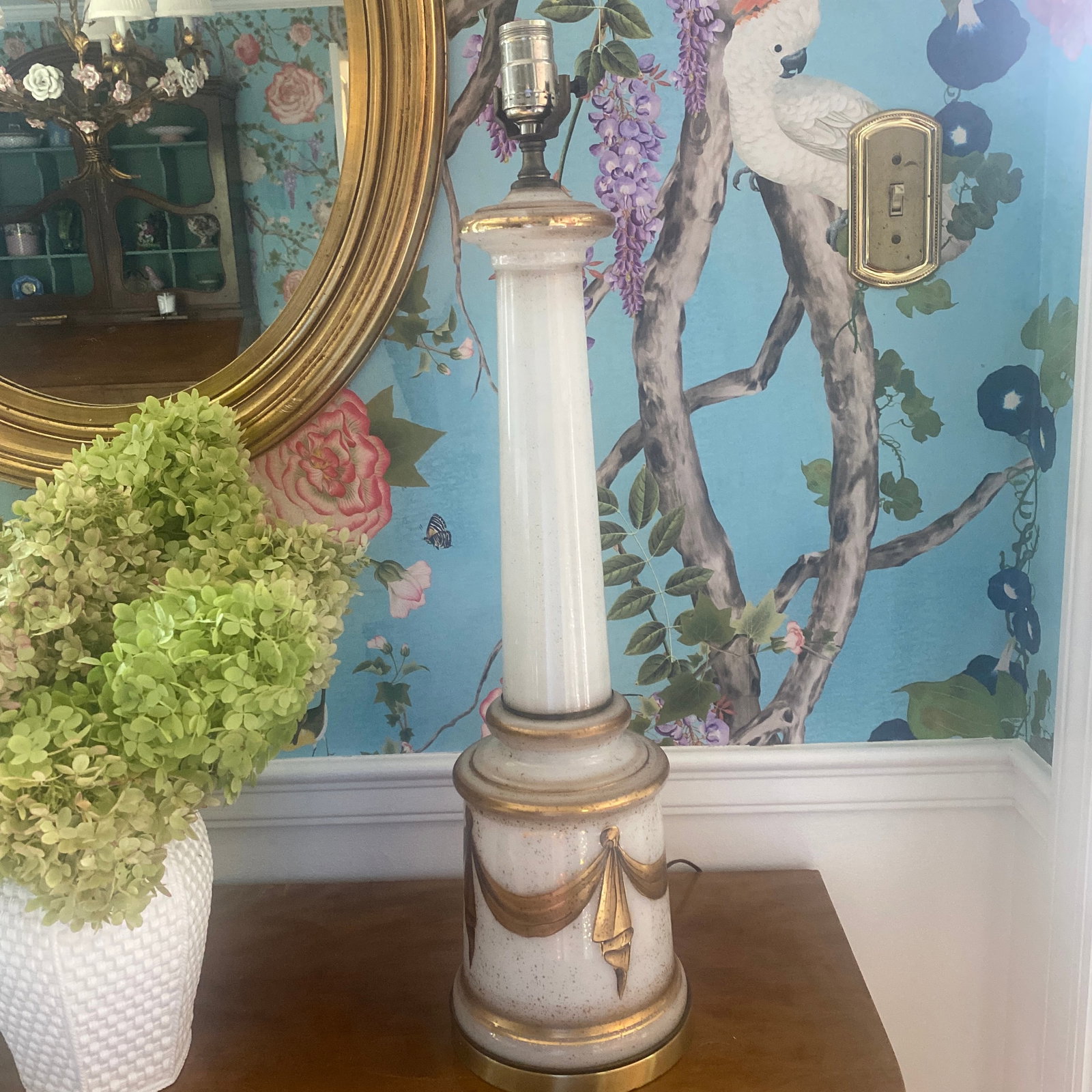 Midcentury White Opaline Glass Gilded Swag Table Lamp - 4
