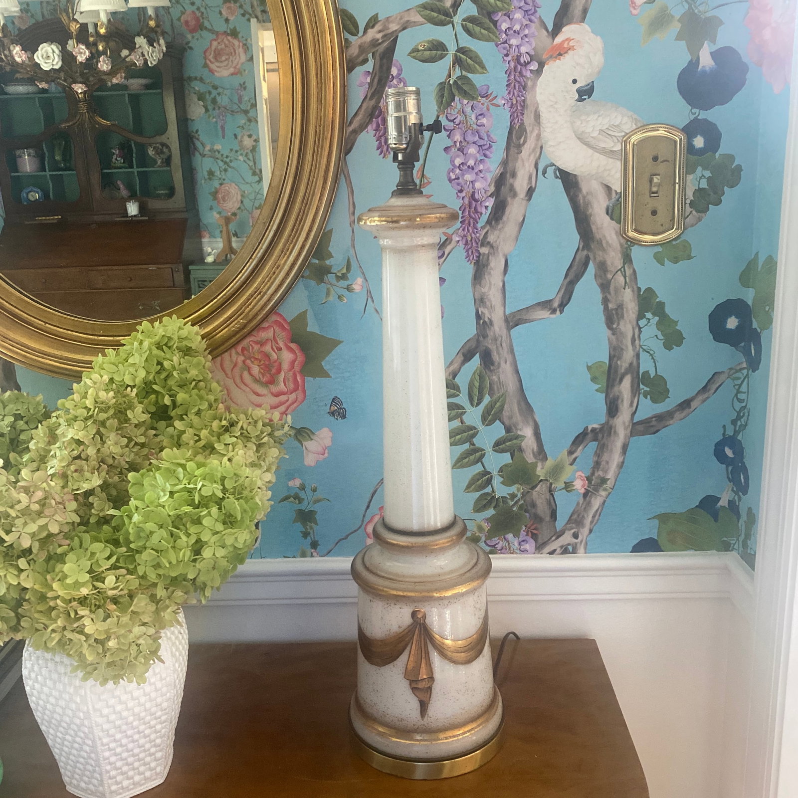 Midcentury White Opaline Glass Gilded Swag Table Lamp - 5
