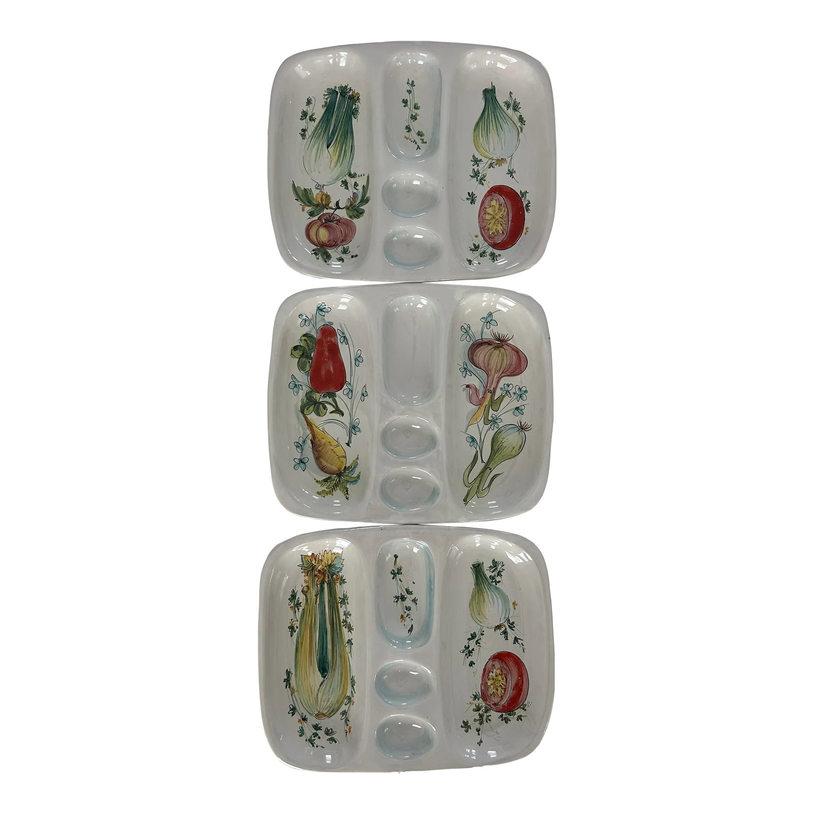 1960s Ceramic Mancioli Serving Platters, Made in Montelupo, Italy- Set of 3: Beautifully hand painted serving dishes all depicting different vegetables. Each plate is broken into thirds with the central compartment featuring display for two eggs. The signature looks like that