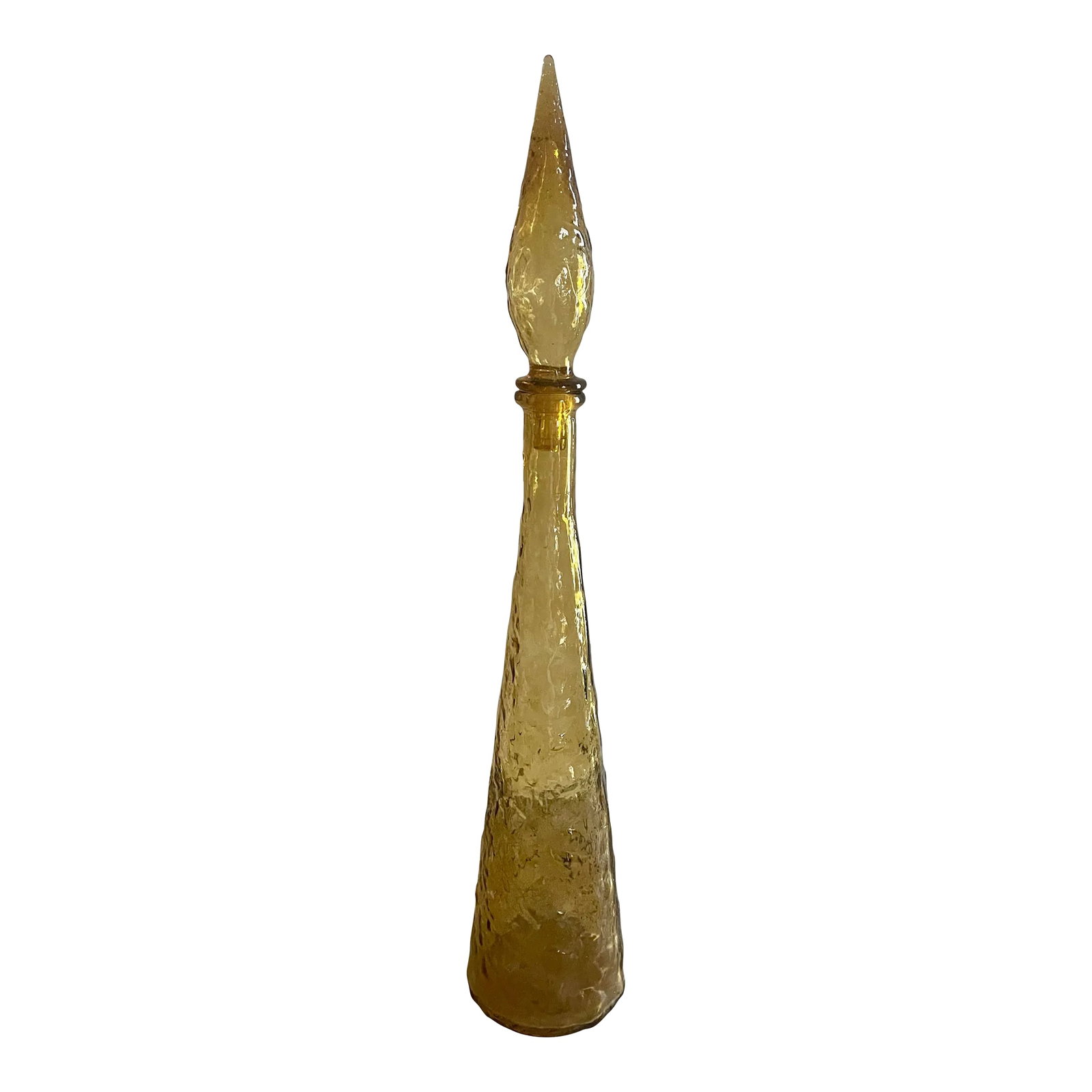 Mid Century Guildcraft Empoli Amber Gold Genie Bottle Decanter: Exquisite Italian blown glass Guildcraft Empoli gold amber genie bottle. Bottle measures nearly 23 inches tall with the stopper. This is a mid century modern classic piece. Textured. Stopper is remova