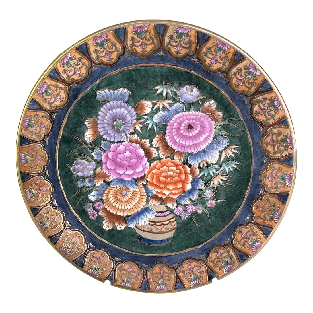 Vintage Mid 20th Century Ko-Kutani Style Decorative Plate, Hand Painted Bouquet With Gold Rim Flower: The Vintage Ko-Kutani Style Decorative 12" Plate is a magnificent piece featuring a hand-painted bouquet design and gold rim flowers. This plate embodies the artistic traditions of the Ko-Kutani style