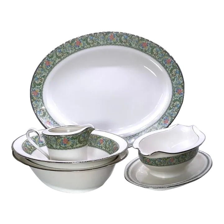 Vintage Noritake Isolde Japan Ivory China # 7019 - 5 Pieces Serving Set, Blue & Yellow Orange Flower (1 of 10)