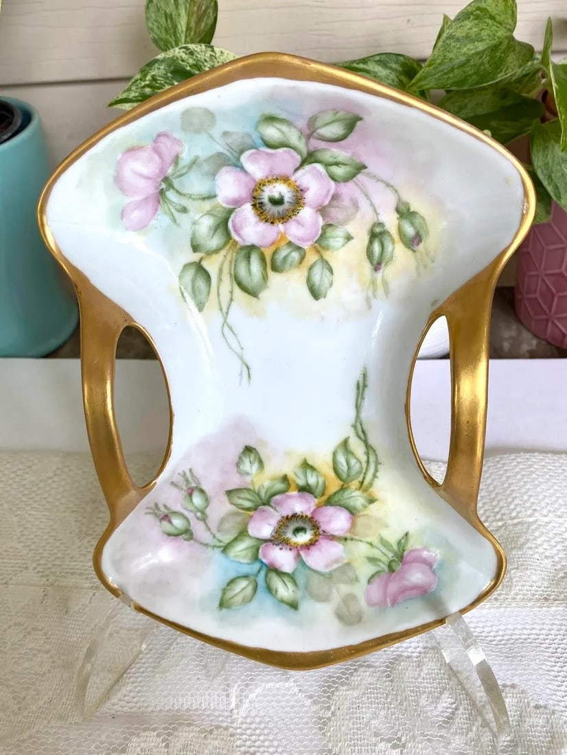 Vintage Hutschenreuther and Reinhold Schlegelmil Hand Painted, Purple Wild Roses, Gold Trim & Gold H - 2