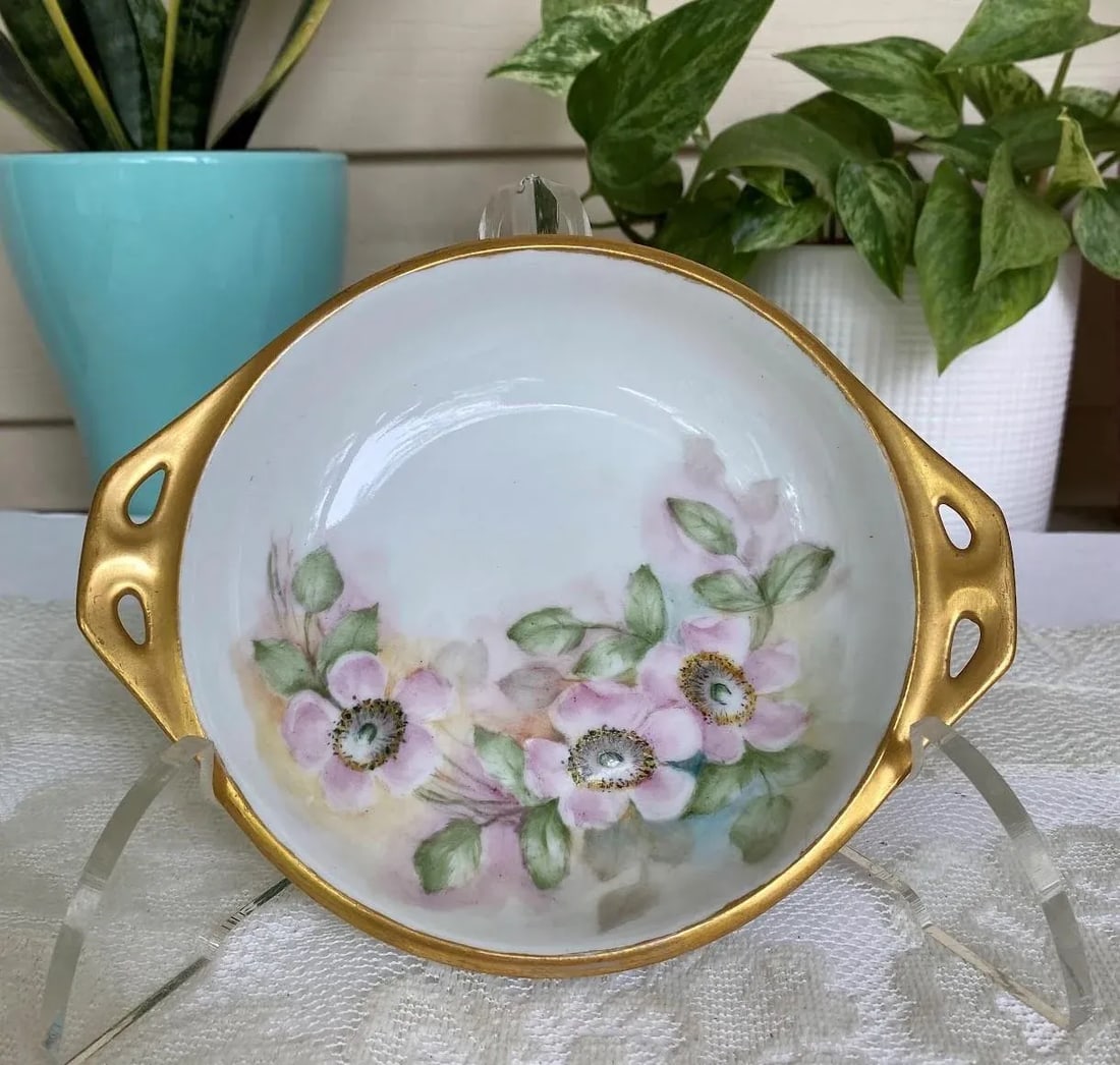 Vintage Hutschenreuther and Reinhold Schlegelmil Hand Painted, Purple Wild Roses, Gold Trim & Gold H - 7