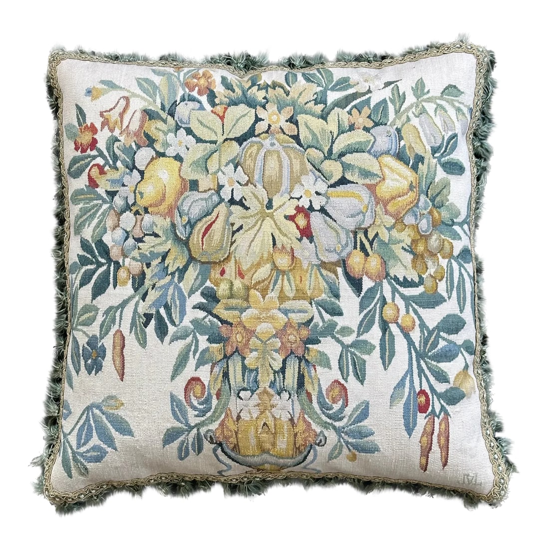 2000s Fine Wool and Silk Blend Aubusson Weave Blue Gold Fruit Tree Design Pillow: Adorned with intricate botanical designs, this pillow seamlessly combines the richness of nature with the luxury of fine materials. Whether placed on a couch, bed, or chair, this pillow becomes an art