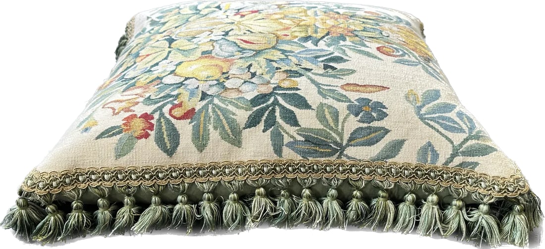 2000s Fine Wool and Silk Blend Aubusson Weave Blue Gold Fruit Tree Design Pillow - 2