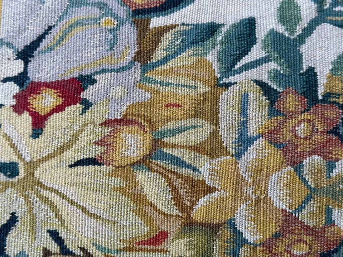 2000s Fine Wool and Silk Blend Aubusson Weave Blue Gold Fruit Tree Design Pillow - 3