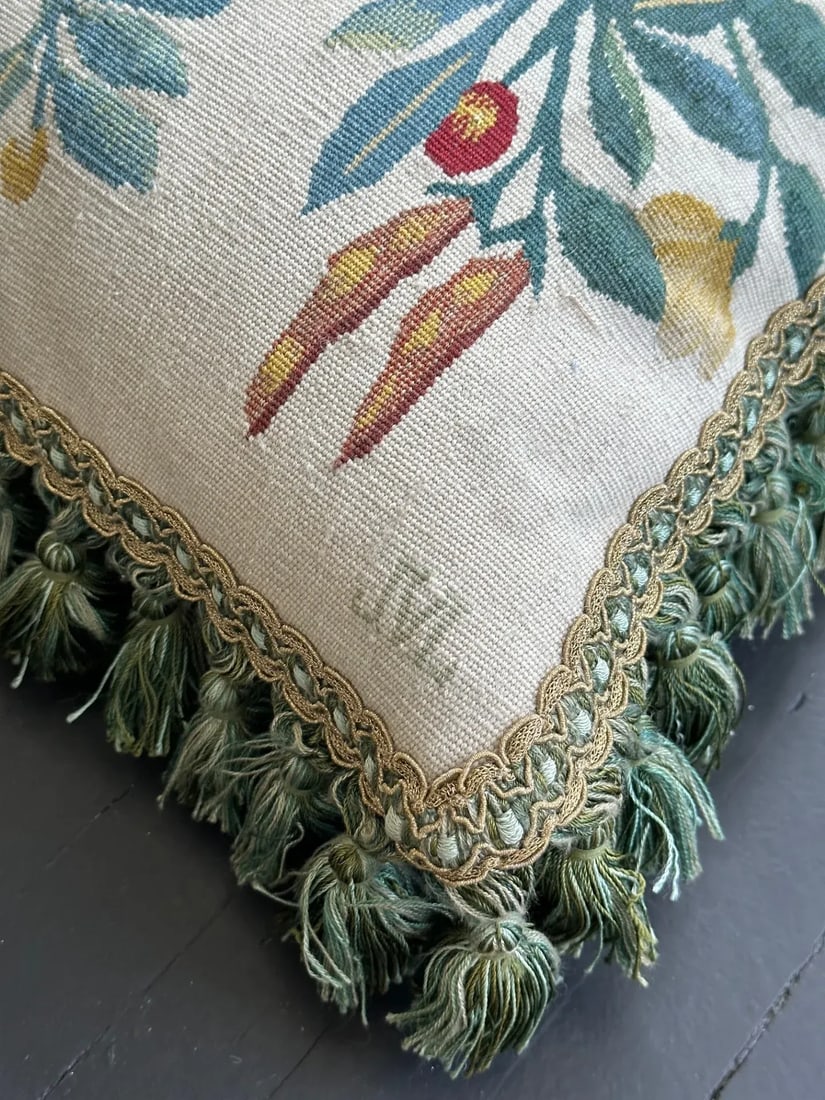 2000s Fine Wool and Silk Blend Aubusson Weave Blue Gold Fruit Tree Design Pillow - 4