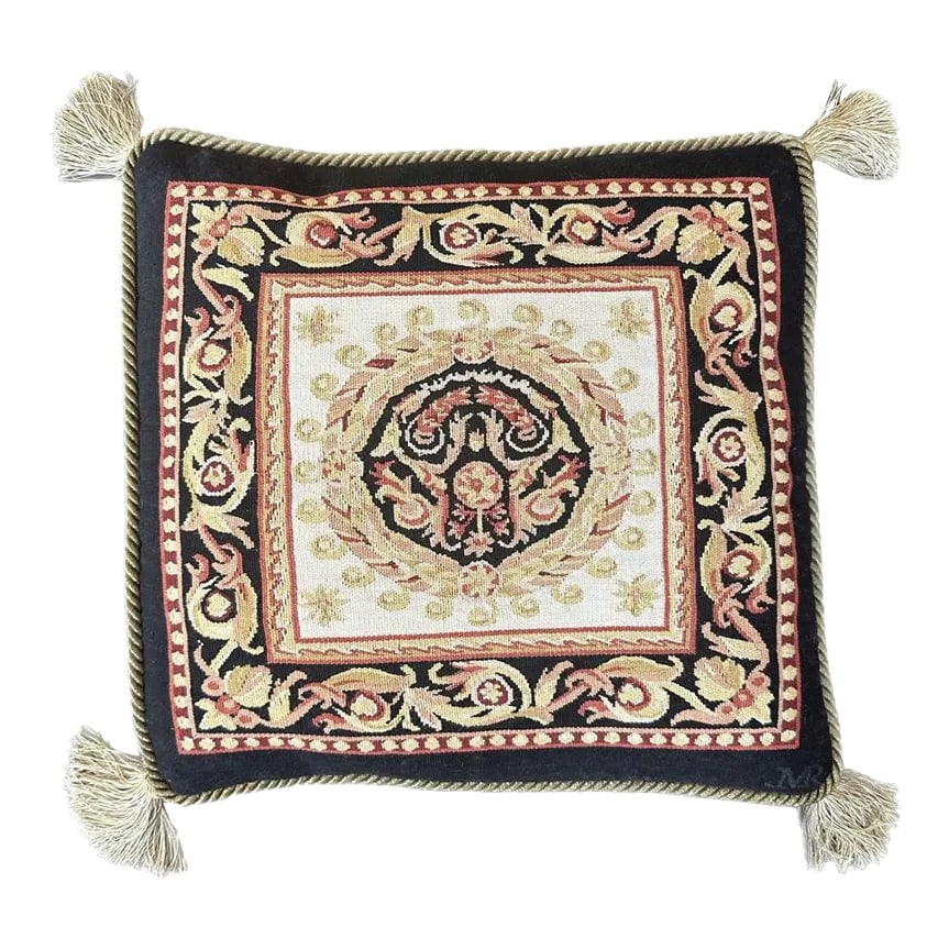 Black Red and Gold Aubusson Decor Pillow: Introducing our Aubusson-Style Throw Pillow, a captivating addition to your decor. With its striking blend of black, red, and gold, it exudes timeless elegance. The intricate design is complemented