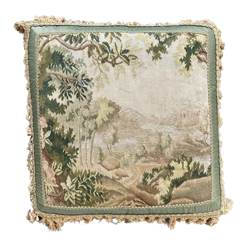 Green Floral and Nature Silk and Wool Aubusson Pillow With Golden Brown Tassels: Crafted from a luxurious blend of silk and wool, this pillow offers both beauty and comfort. In the center, a breathtaking nature scene unfolds with intricately woven trees, bringing the outdoors