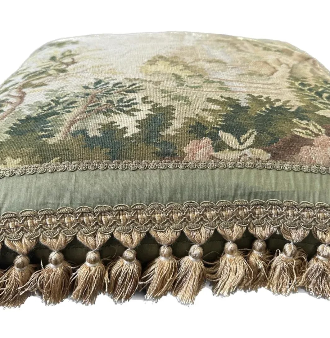 Green Floral and Nature Silk and Wool Aubusson Pillow With Golden Brown Tassels - 3