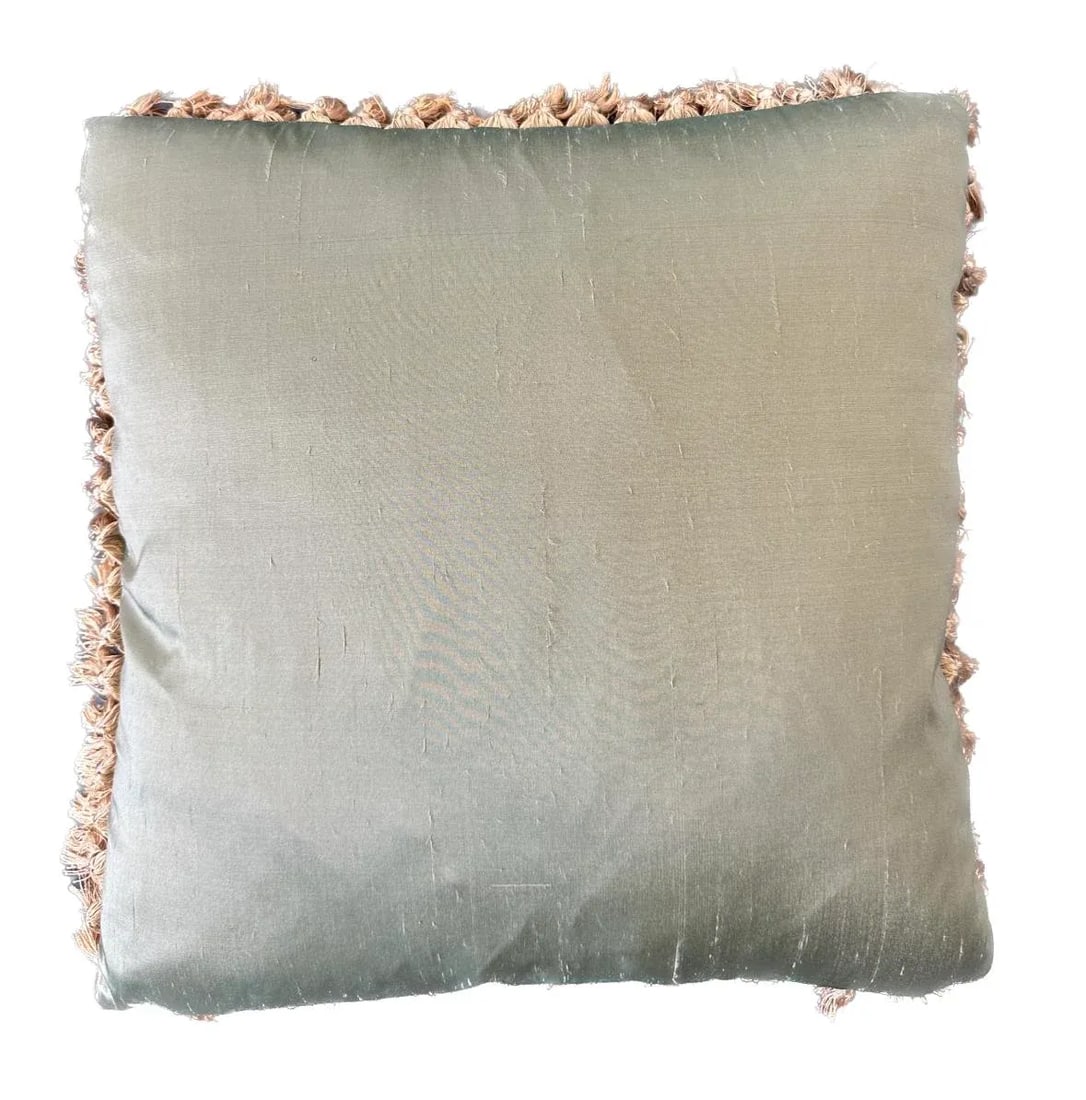 Green Floral and Nature Silk and Wool Aubusson Pillow With Golden Brown Tassels - 4