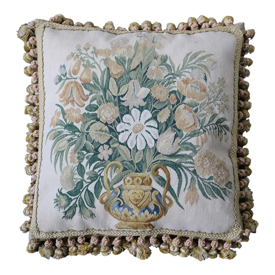 Hand Woven Ivory and Green Floral Aubusson Pillow: Introducing our Ivory White Decor Pillow, a charming addition to your home decor. The pillow features an intricate image of a flower vase at its center, adding a touch of artistic flair to any space.