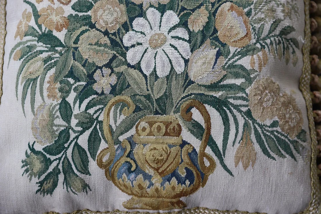 Hand Woven Ivory and Green Floral Aubusson Pillow - 2