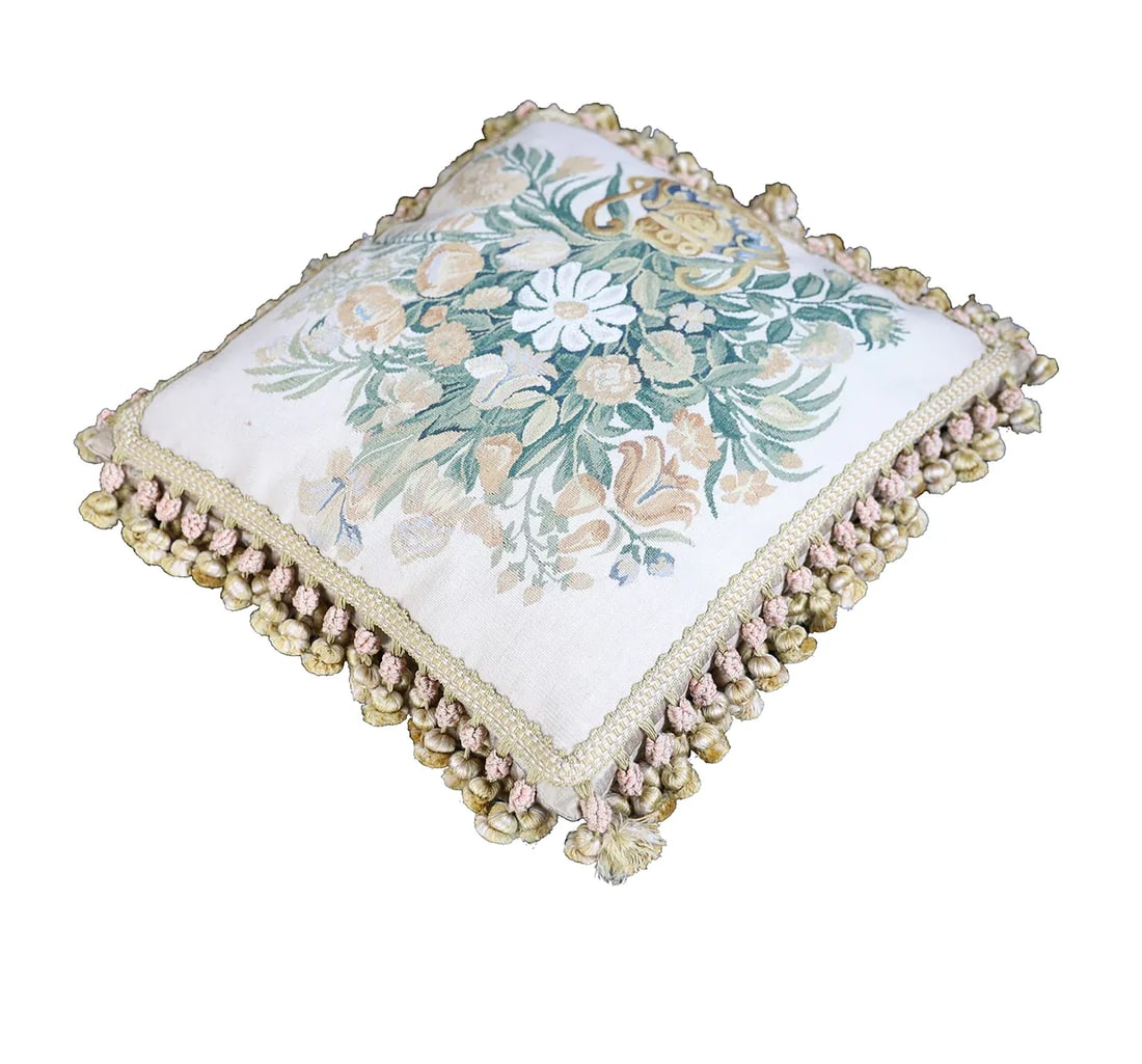Hand Woven Ivory and Green Floral Aubusson Pillow - 3