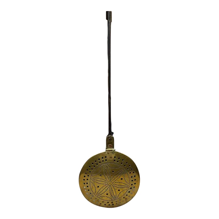 Early 18th Century French Brass Plague Pan With Forged Iron Handle: Plague pans, possibly due to their rareness, are commonly misidentified and sold as bed warming pans. Herbs would have been burned in the bottom pan with the holes on the top lid allowing smoke to