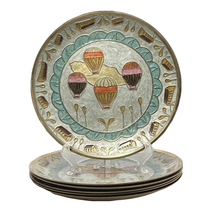 Set of 6 Mid-Century 1960s Painted Enamel Over Brass "Air Balloons" Hanging Plates: Set of 6 Mid-century 60s Painted Enamel Over Brass Hanging Plates Air Balloon 8". Great condition. Condition: Alterations: Original Condition Unaltered Imperfections: Some Imperfections Condition Note
