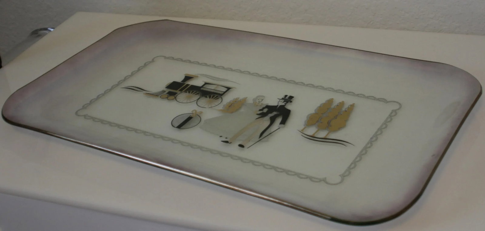Mid-Century Large Iridescent Clear Glass Tray Black & Gold Victorian Scene - 10