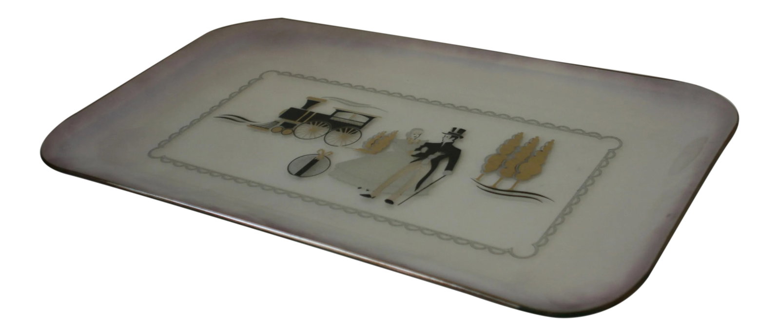 Mid-Century Large Iridescent Clear Glass Tray Black & Gold Victorian Scene: Vintage Large Rectangular Irridescent Glass Platter Turn Of The Century Scene Black Gold & White Graphics This is a very unique, heavy, thick, clear irridescent glass tray. It is large and