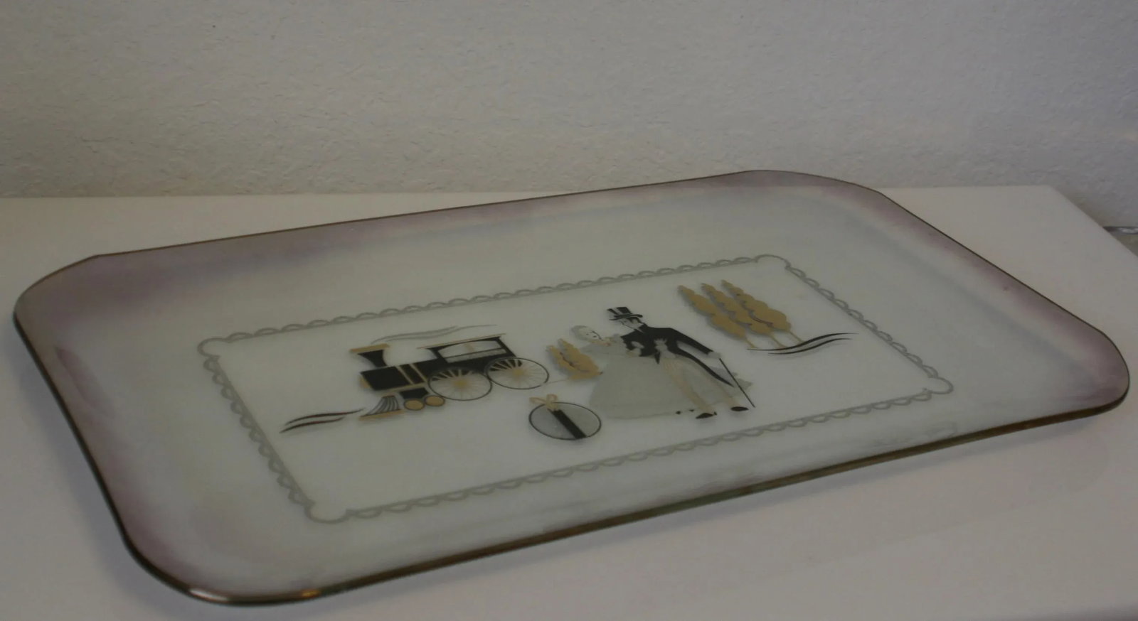 Mid-Century Large Iridescent Clear Glass Tray Black & Gold Victorian Scene - 3